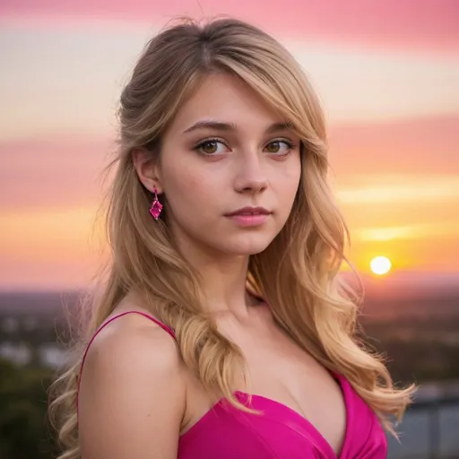 Prompt: A young woman with brown eyes and long blonde hair with side bangs in a claw-clip wearing a Hot pink dress looking over a sunset.