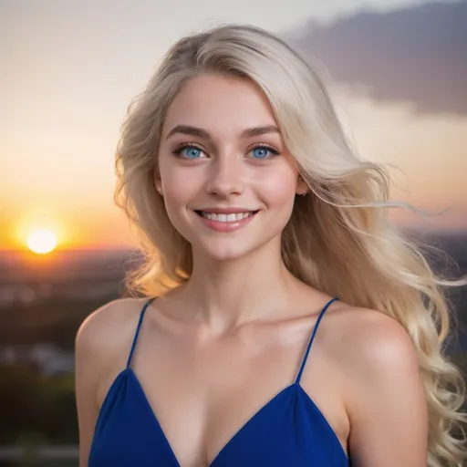 Prompt: A young woman with gray-blue eyes, and long white-blonde hair and long eyelashes wearing a royal blue dress looking out over a sunset with a smile on her face