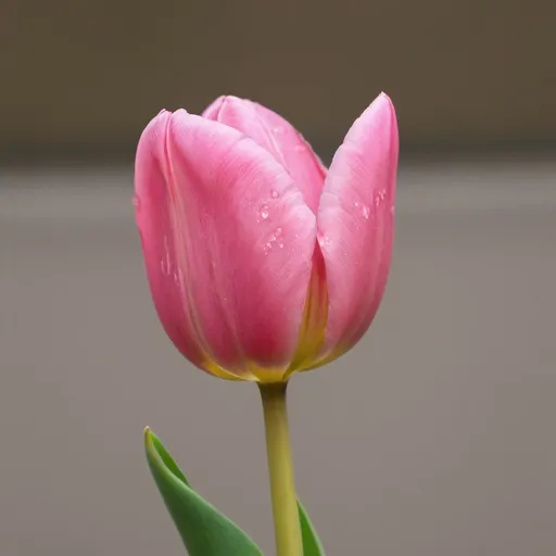 Prompt: a singular pink tulip with one of it's petals falling off

