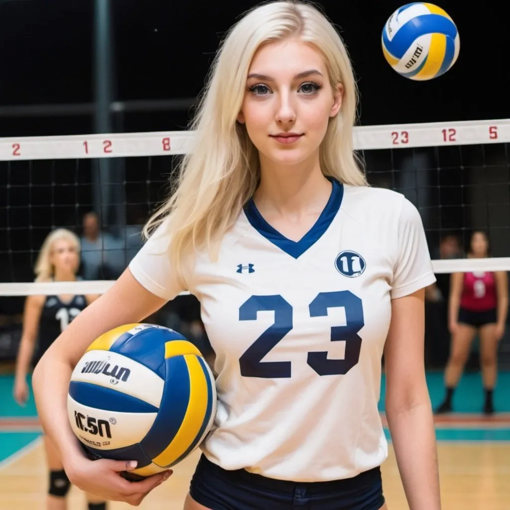 Prompt: A tall girl with white-blonde hair and thick eyelashes playing volleyball with the number 23 on her shirt