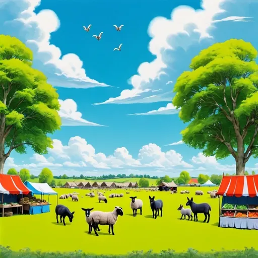 Prompt: a green field with sheep, donkeys, and foxes.

trees , blue skies, clouds, market stalls