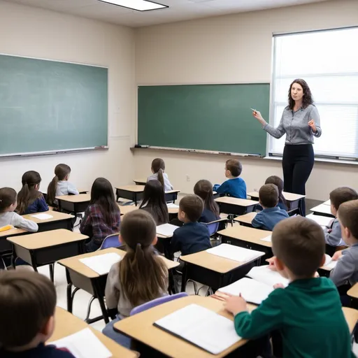 Prompt: Teacher teaching to a full class of students