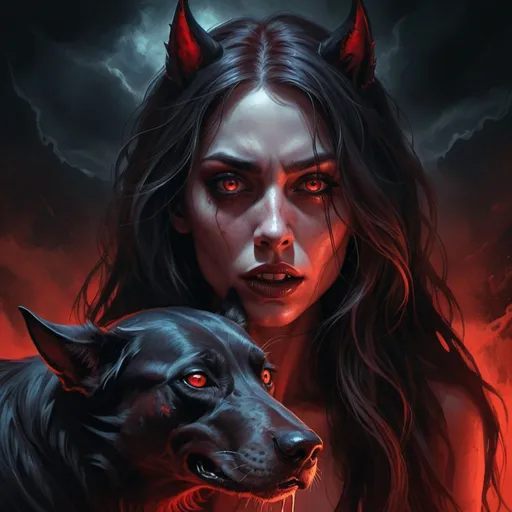 Prompt: Realistic dark romance illustration of a demonic femme, long flowing hair, demonic canine companion, red and black color palette, intense horror theme, 16:9 aspect ratio, detailed demonic features, atmospheric lighting, highres, ultra-detailed, horror, dark romance, dark theme, demonic canine, realistic, intense gaze, professional