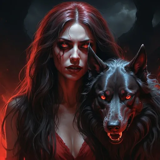 Prompt: Realistic dark romance illustration of a demonic femme, long flowing hair, demonic canine companion, red and black color palette, intense horror theme, 16:9 aspect ratio, detailed demonic features, atmospheric lighting, highres, ultra-detailed, horror, dark romance, dark theme, demonic canine, realistic, intense gaze, professional