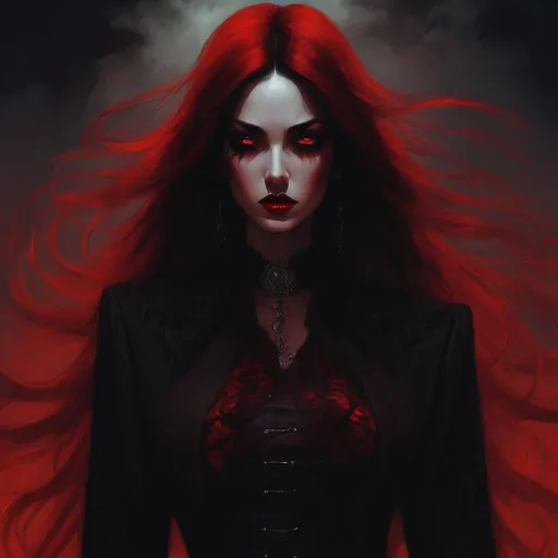 Prompt: femme démone , univers rouge et noir, univers darkromance, cheveux long, grosse poitrine, réaliste , chien démoniaque 