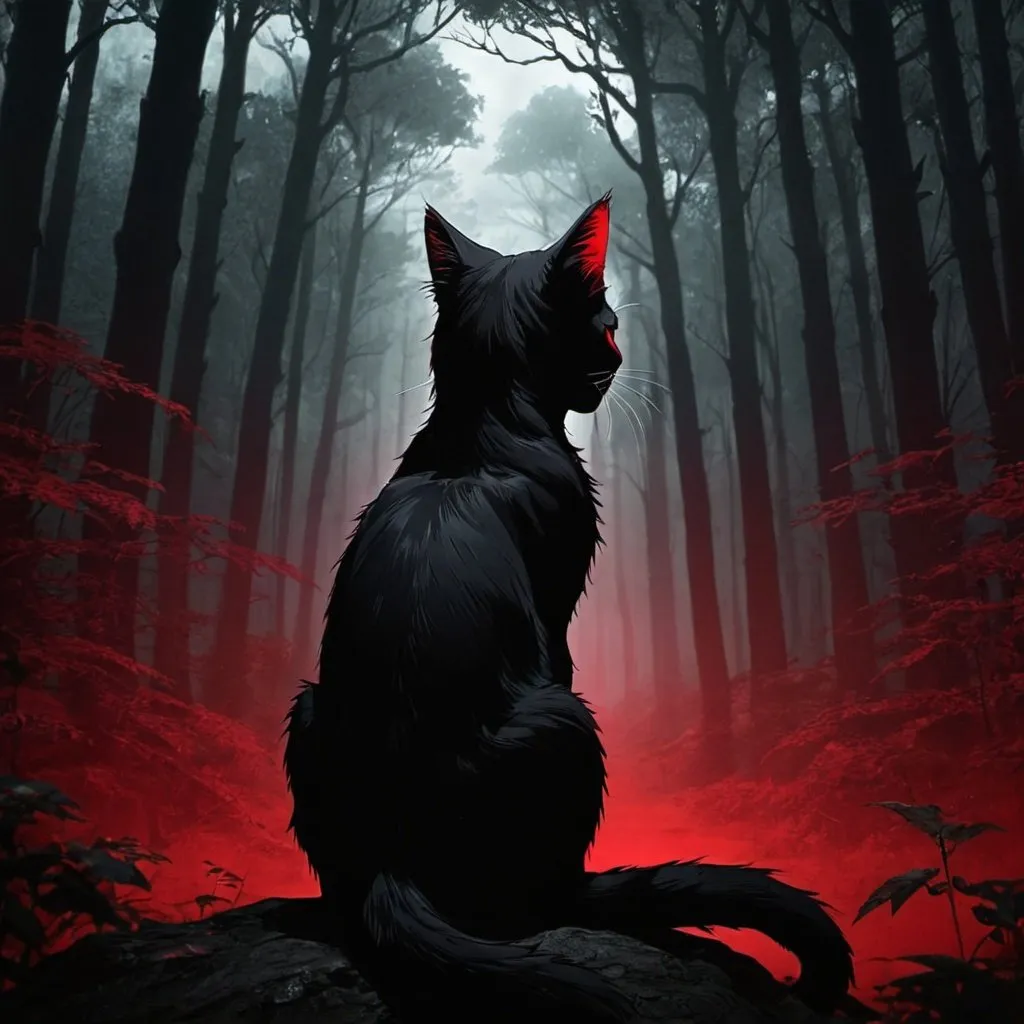 Prompt: woman , dark romance, dark theme, cat, forest, dark three, hight quality, fantasy, red theme , bleach anime univers 