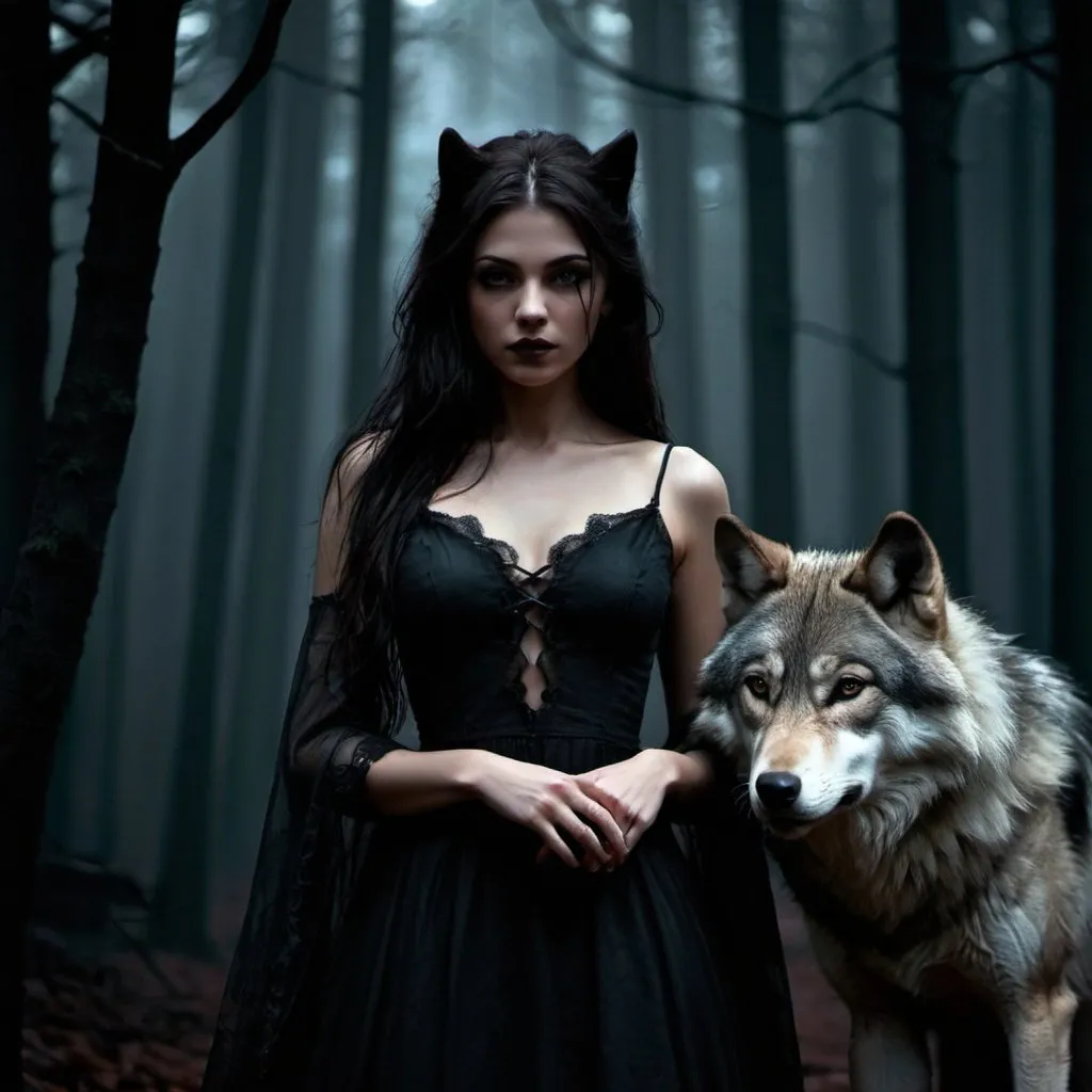 Prompt: woman , dark romance, dark theme, wolf, forest, dark three, hight quality, fantasy