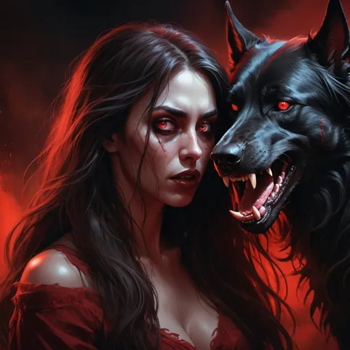 Prompt: Realistic dark romance illustration of a demonic femme, long flowing hair, demonic canine companion, red and black color palette, intense horror theme, 16:9 aspect ratio, detailed demonic features, atmospheric lighting, highres, ultra-detailed, horror, dark romance, dark theme, demonic canine, realistic, intense gaze, professional