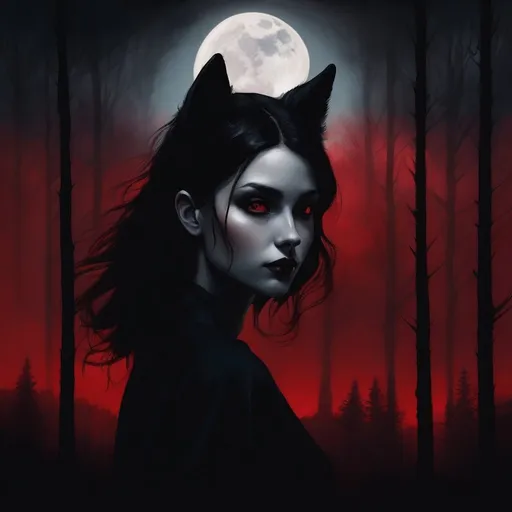 Prompt: femme réaliste, cheveux noir, foret, nuit, univers dark romance, loup démoniaque, terre sombre, lune rouge, ciel noir, créature démoniaque, 