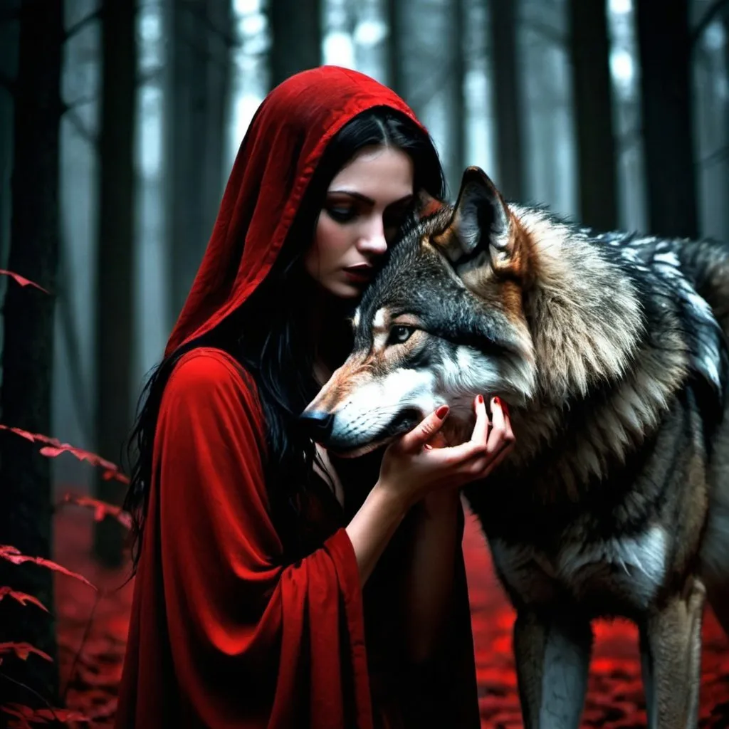 Prompt: woman , dark romance, dark theme, wolf, forest, dark three, hight quality, fantasy, red theme