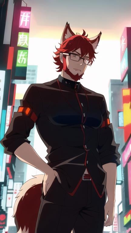 Prompt: 32 year old kitsune MAN with RED FOX EARS full beard, short CURLY HAIR, rectangle glassess, fair skinned, slim body, wide chin, and intellectual look with hacker clothes in a cyberpunk city 