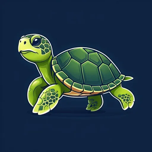 Prompt: Stylized cartoon green land turtle, simple lines, dark blue backdrop, cute cartoon illustration, logo style