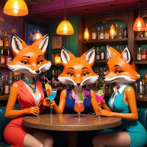 Prompt: 4 pretty animated fox lady with a cocktail in hand with text saying The Drunk Foxes