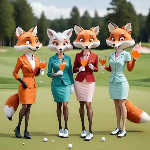 Prompt: Four pretty animated fox ladies (different sizes) with a cocktail in hand  on a golf course having fun