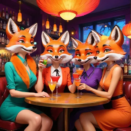 Prompt: (accurately spelled text "The Drunk Foxes"), four (animated) fox ladies, cheerful expressions, elegant outfits, holding colorful cocktails, vibrant colors, whimsical scene, surrounded by a lively background of a stylish bar, eclectic decor, soft yet colorful lighting, inviting atmosphere, ultra-detailed, enchanting charm, playful ambiance.