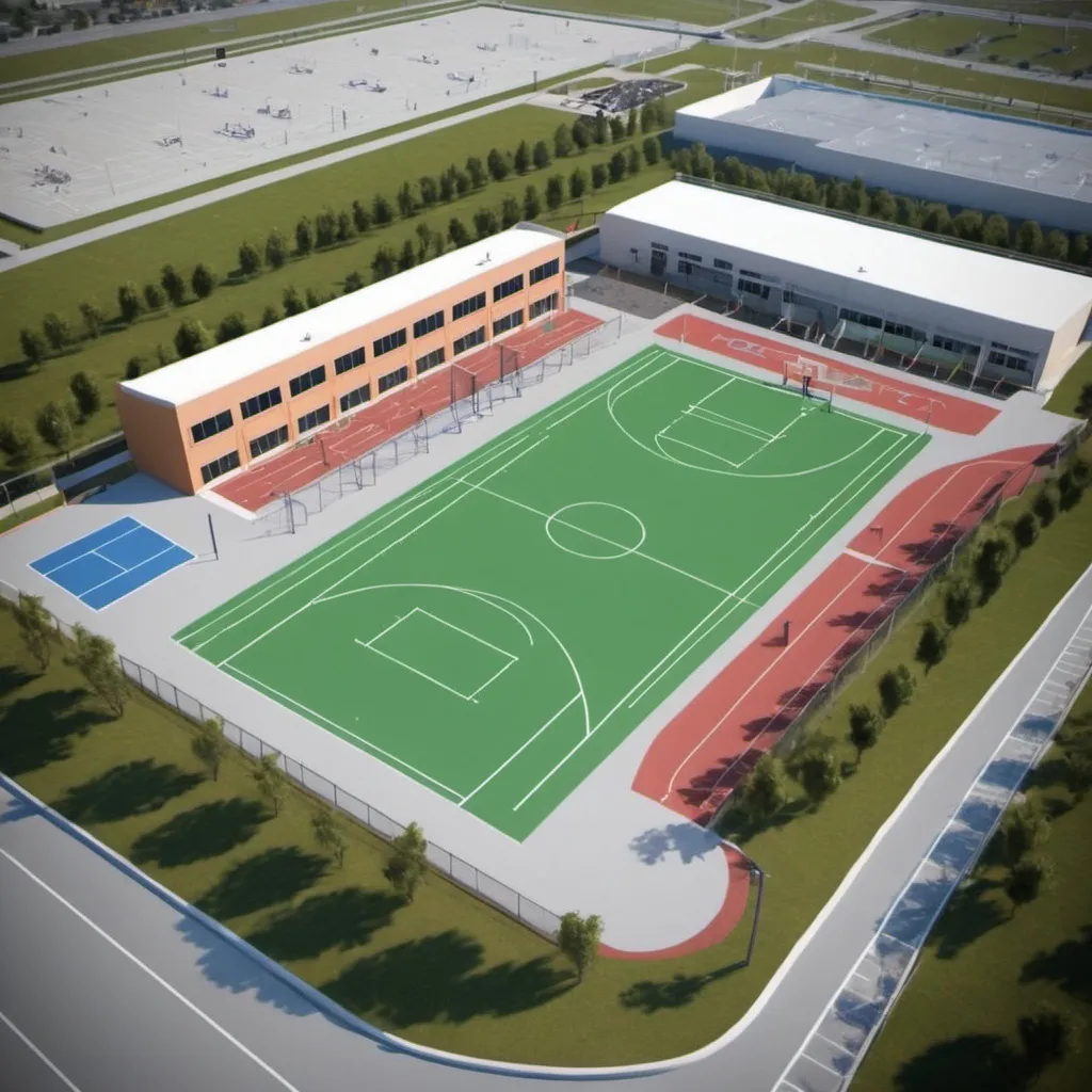 Prompt: a sport performance facility with the entrance name Welcome to Tango Park. Add the school with 3 story building, 2 indoor and outdoor basketball court, 4 tennis courts, 8 outdoor soccer fields, soccer stadium with 12,000 capacity and track field, an adminstrative building with lunch room, performance gym