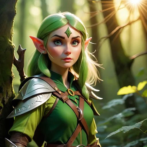 Prompt: Elf ranger in a mystical forest around sunlight