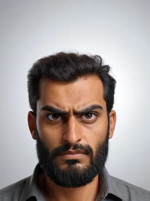 Prompt: a man with a beard and a gray shirt is looking at the camera with a serious look on his face, Fathi Hassan, hurufiyya, 150mp, computer graphics