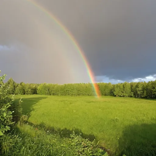 Prompt: A rainbow in a green northern area