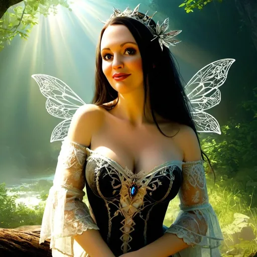 Prompt:  Gothic fairy, wings spread slightly with intricate lace-like patterns, perched on a twisted tree branch, dressed in tattered Victorian finery, bell sleeves, bare shoulders, eyes glowing with an ethereal light, digital painting, ultra-fine, dramatic lighting., vibrant sunny day, forest, sun, water fall, professional lighting 