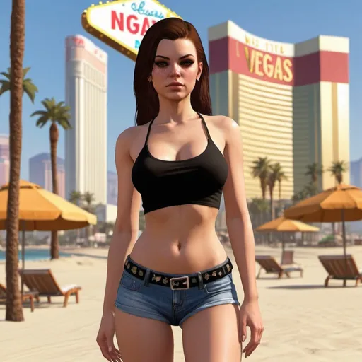 Prompt: A GTA style girl model standing near the vegas beach resort