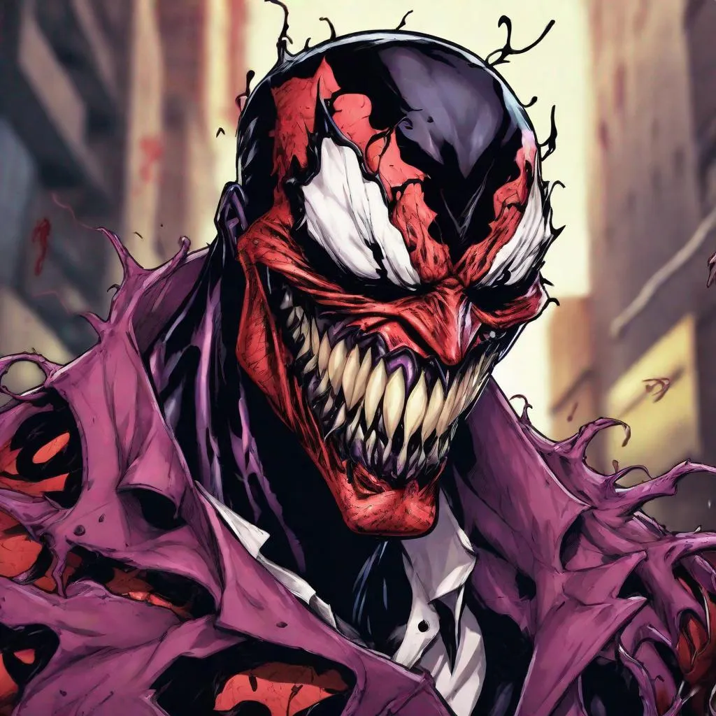 Prompt: Carnage  Venom extreme wearing joker insane anime artstyle