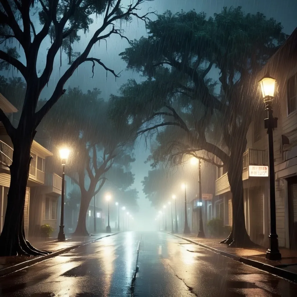 Prompt: A thriller novel cover page with scary trees and night rainfall and street lights
