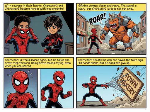Prompt: Scene 5
Description: @GawIDVl1wzzzMRUJCs9F z and @u9x9g2SWYIQgvVUbo0Id usef change into their spider-style hero costumes.
Narration:“With courage in their hearts, @GawIDVl1wzzzMRUJCs9F  and @u9x9g2SWYIQgvVUbo0Id  become heroes with web shooters!”
Scene 6
Description: @jHjFkUyHrCssxTqsBOC4 hino roars loudly and steps closer to the town.
Narration:“@Rhino stomps closer and roars. The sound is scary, but @GawIDVl1wzzzMRUJCs9F iz does not run away.”
Scene 7
Description: @GawIDVl1wzzzMRUJCs9F hesitates for a moment, then steps forward.
Narration:“ @GawIDVl1wzzzMRUJCs9F iz feels scared again, but he takes one brave step forward. Being brave means trying, even when you are scared.”
Scene 8
Description: @GawIDVl1wzzzMRUJCs9F  shoots a small Iron web to stop a falling sign.
Narration:“ @GawIDVl1wzzzMRUJCs9F shoots his web and saves the town sign. His hands shake, but he does not give up.”