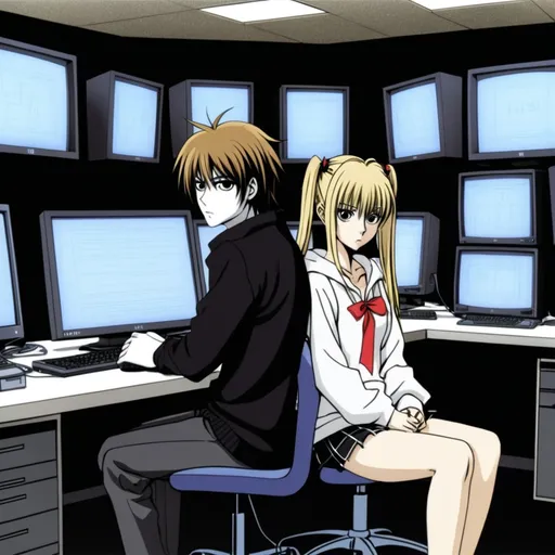 Prompt: L and Misa from deathnote animanga sitting alone, surrounded by computer screens.