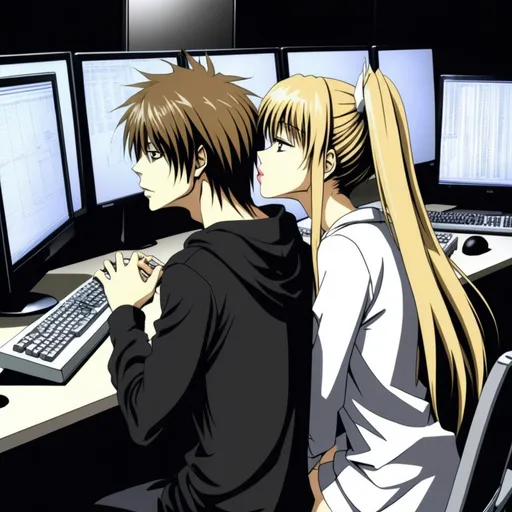 Prompt: L and Misa from deathnote animanga sitting alone, surrounded by computer screens, kissing.