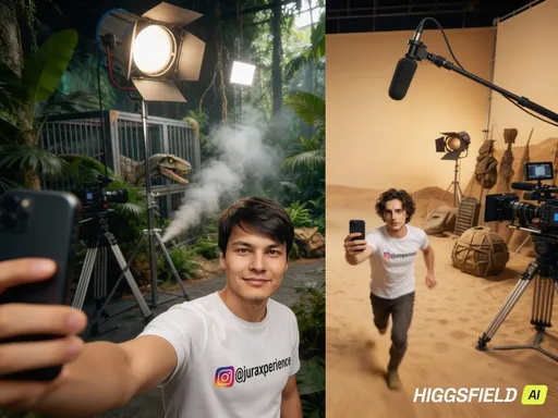 Prompt: Реалистичное POV-селфи, снятое с вытянутой руки, рука модели частично видна. Модель держит смартфон, делает селфи. Одежда как на фото-референсе. Затем модель быстро бежит с телефоном в руке и забегает в другую съёмочную площадку, где снова поднимает смартфон и делает селфи, лёгкая улыбка, живой ракурс. Две локации обе выглядят как профессиональные киносъёмочные площадки: прожекторы, камерные тележки, световые стойки, дым-машины, звукотехника, реквизит, ассистенты. Вторая зона визуально отличается (универсально адаптируется под любой жанр фильма). Динамика движений выражена лёгким motion blur, глубина сцены сохранена. Свет кинематографичный, мягкие тени, фотореализм, качественная цветокоррекция, высокая детализация, 8К