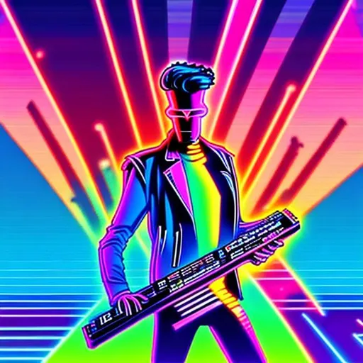 Prompt: synthwave man rocking on his keytar dancing into the synthwave sunset
