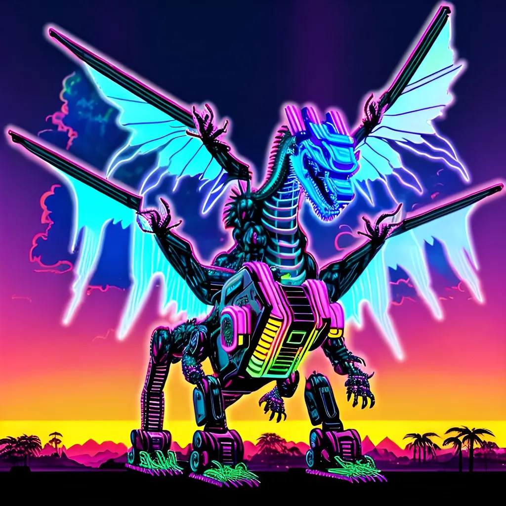 Prompt: robotic dragon with a synthwave rainbow wings running into a synthwave sunset
