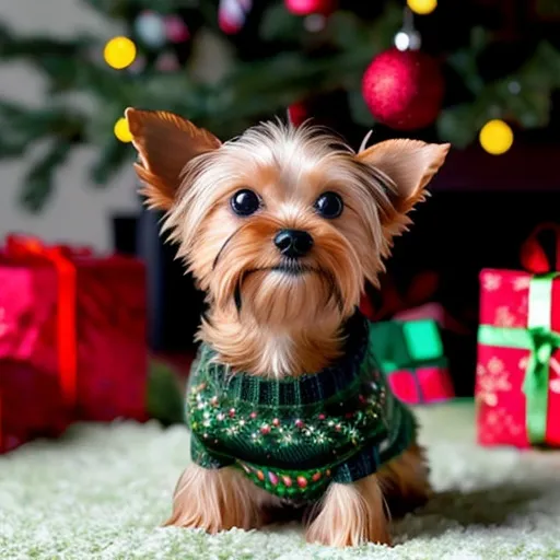 Prompt: a yorkie wearing a sweater gazing up at a bright christmas tree in the style of monet