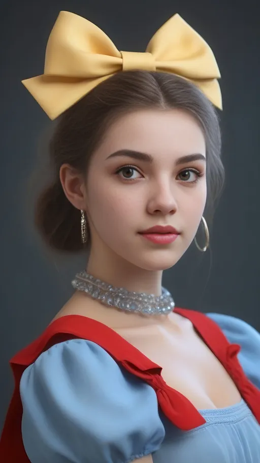 Prompt: full head to shoulder portrait, soft natural lighting, smooth soft skin, symmetrical, natural skin texture, soft lighting, wearing yellow skirt, blue blouse with short poofy sleeves, and a big red bow, detailed face, photorealism, soft pastel colors sparkling, looking into the camera, photorealistic painting, sharp focus, 8k, perfect composition, trending on artstation, award-winning photograph, unreal engine 5, cinematic smooth, intricate detail, studio photo, highly detailed. simple background 