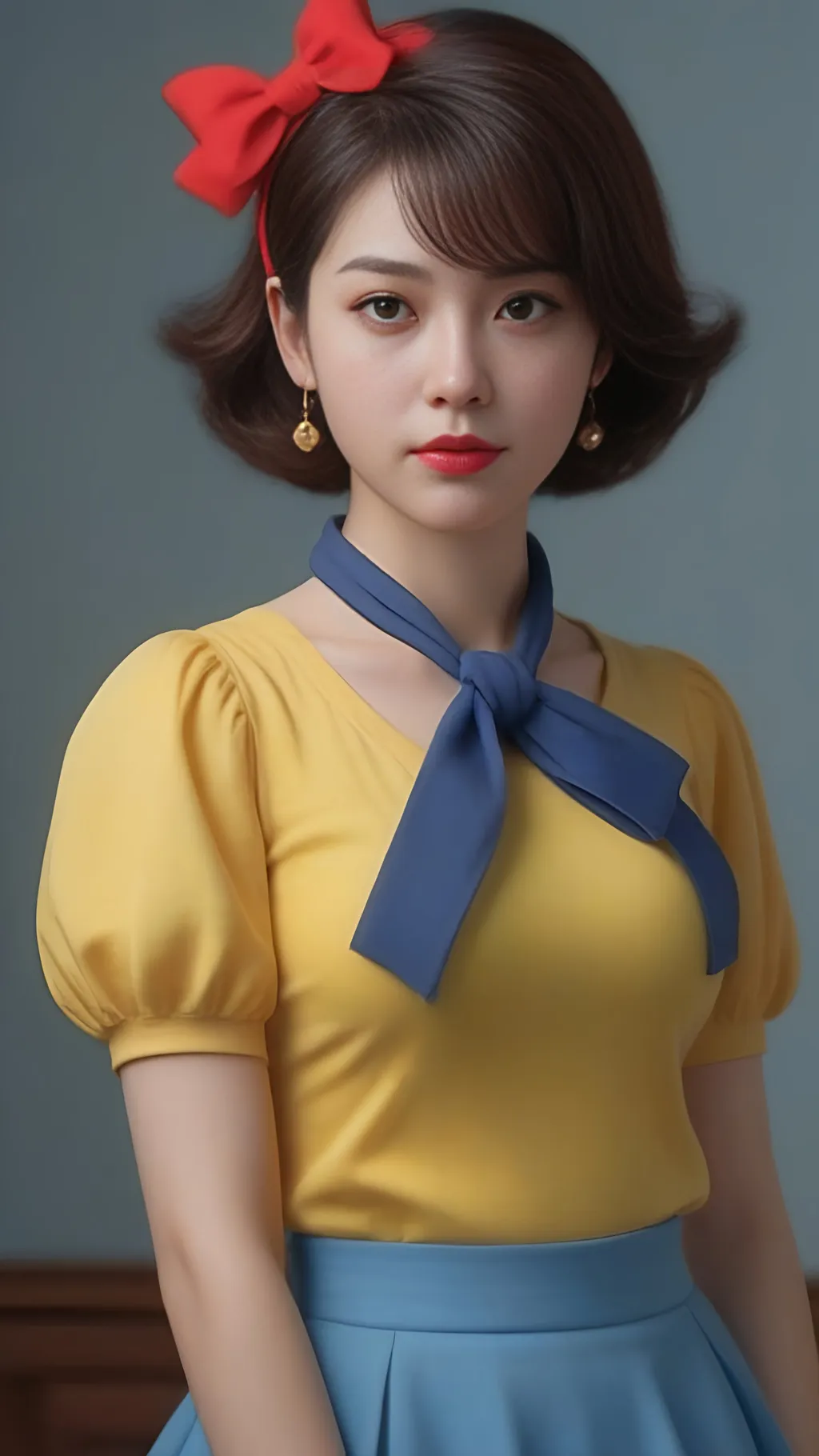 Prompt: medium long shot, wide angle shot, full body portrait, soft natural lighting, smooth soft skin, symmetrical, natural skin texture, soft lighting, wearing yellow skirt, blue blouse with short poofy sleeves, and a big red bow, detailed face, photorealism, soft pastel colors sparkling, looking into the camera, photorealistic painting, sharp focus, 8k, perfect composition, trending on artstation, award-winning photograph, unreal engine 5, cinematic smooth, intricate detail, studio photo, highly detailed. simple background 