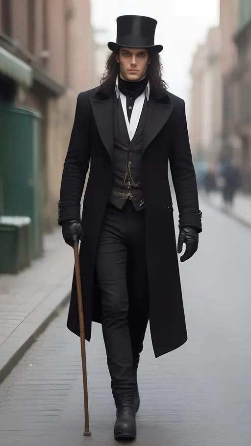 Prompt: A man in a long black coat, with a black waistcoat and a white shirt, unbuttoned at the top . He's wearing a slightly crumpled top hat and has long brown hair. He carries a walking cane with a red crystal, round handle. He has green eyes. In the style of gothic & steam punk. He is about 28 years old. wearing a heavy, black coat, black pants, and heavy platform boots 