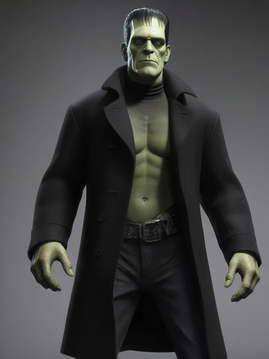 Prompt: the Frankenstein monster wearing a heavy, black coat, black pants, and heavy platform boots