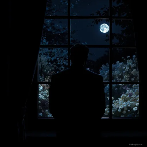 Prompt: a  man in a back suit looking outside of a big window and his his and on its back and the backgroung is in black and outside there is a garden 