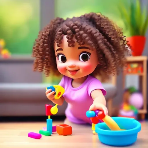 Prompt: Create an animated image of a girl toddler with curly hair playing with her toys
