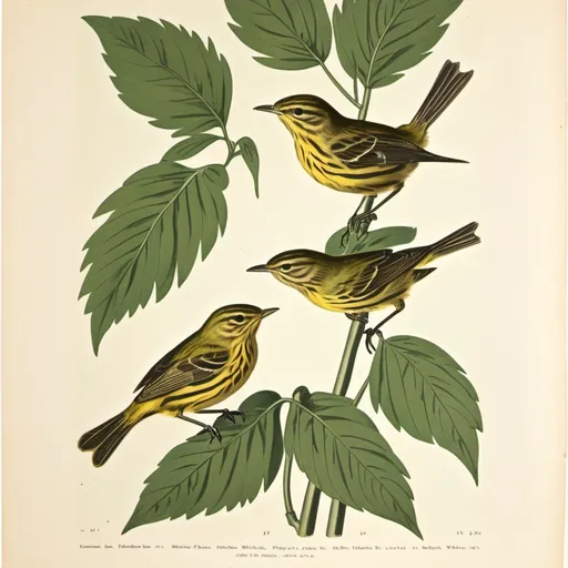 Prompt: vintage botanical print with 2 palm warblers facing each other  many green leaves
