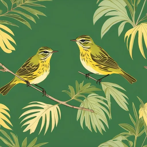 Prompt: joyful palm warblers in a botanical print with vibrant green leaves
