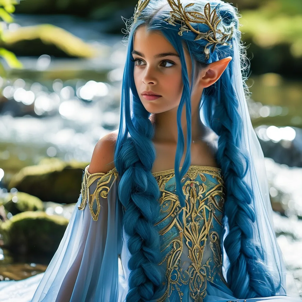 Prompt: beautiful teenage royal elven princess with very long blue cascading hair wearing an elaborate alluring royal river elven haute couture gown