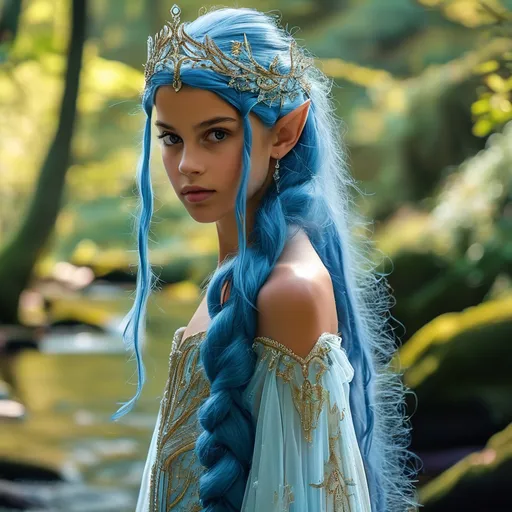 Prompt: beautiful teenage royal elven princess with very long blue cascading hair wearing an elaborate alluring royal river elven haute couture gown