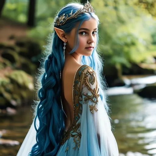 Prompt: beautiful teenage royal elven princess with very long blue cascading hair wearing an elaborate alluring royal river elven haute couture gown