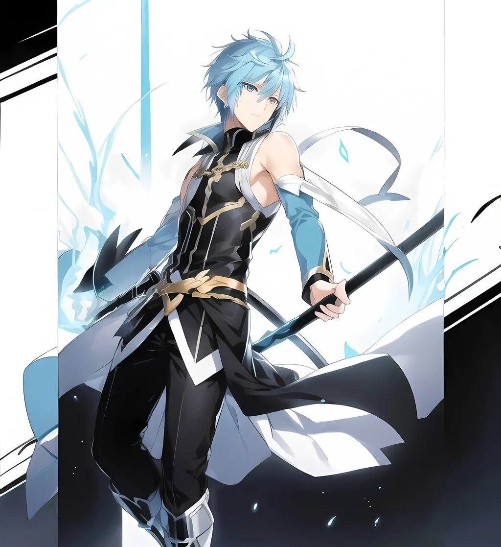 Prompt: male, short spiky hair, light blue hair, golden eyes, in a black and white outfit, portrait, anime,
