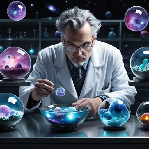 Prompt: a futuristic mad scientist looking at glass bowls with various galaxies inside 