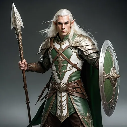 Prompt: Male elven ranger, long white hair, intricate green leather armor, holding spear, holding ornate bronze circular shield, defensive stance