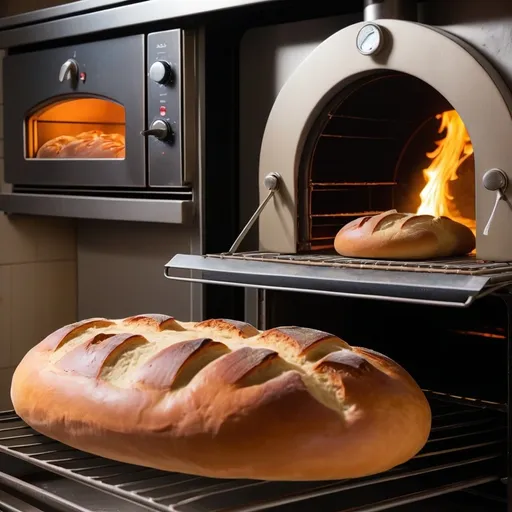 Prompt: Design me a picture to explain the function lesson, a large bakery oven, not a home oven, and the bread inside is dough on one side and bread comes out on the other side, with a statement of the inputs (the dough bread), the outputs (the cooked bread), and the base of the function (the oven fire)