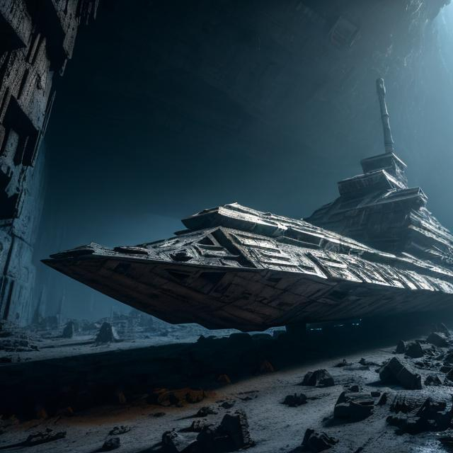 Prompt: Crashed, derelict, star destroyer in underground cavern, metallic, ancient alien artifacts, eerie atmosphere, high quality, 3D rendering, sci-fi, dark and mysterious, cool tones, atmospheric lighting, detailed wreckage, ancient technology, buried, cavernous setting